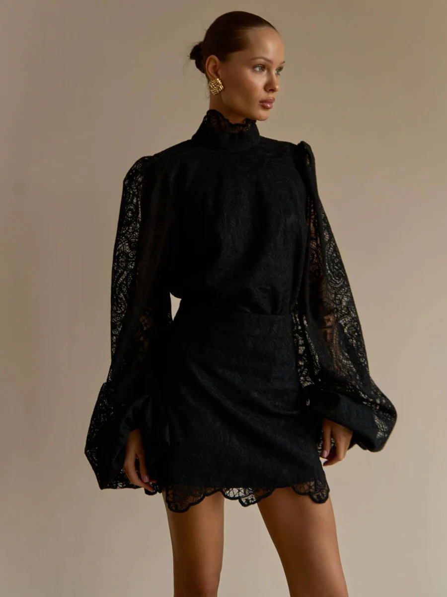 Lantern Sleeve High Neck Lace Two-piece Set - Image 8