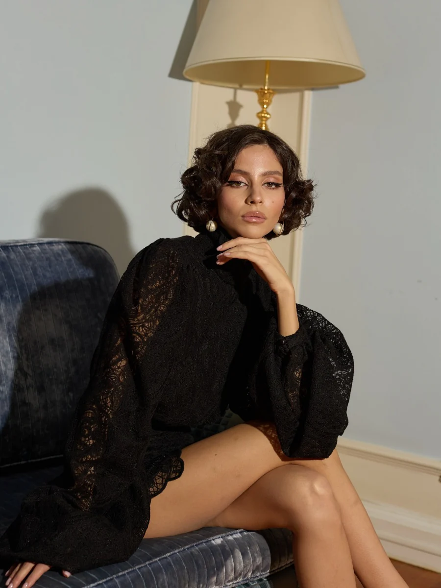 Lantern Sleeve High Neck Lace Two-piece Set - Image 9