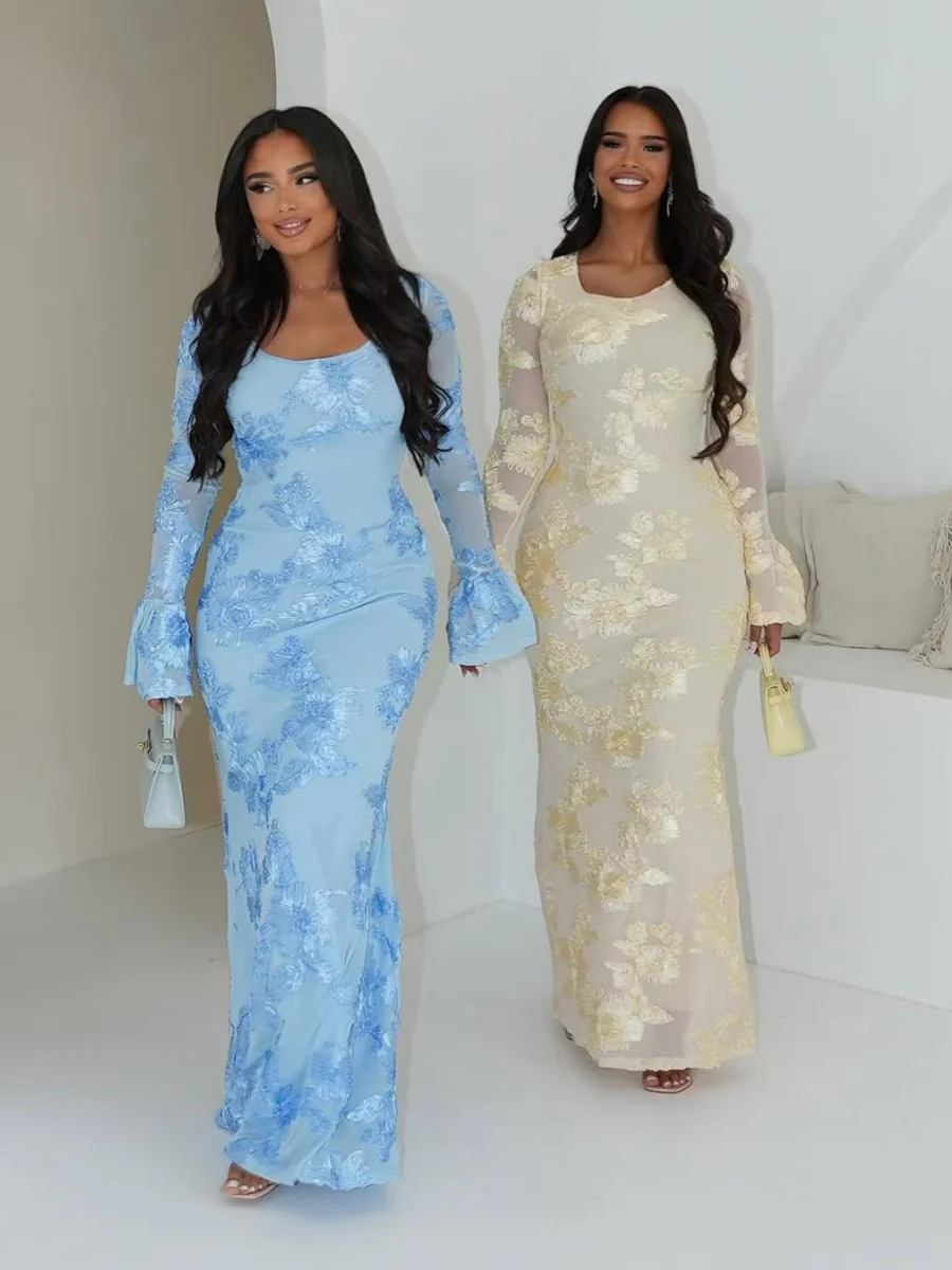 3D Floral Print, Backless, Bell-sleeved, Bodycon Long Dress - Image 3