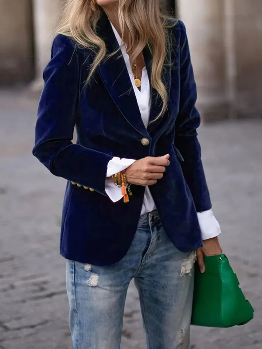 Slim Velvet Buttons Patch Pocket Blazer - Image 10