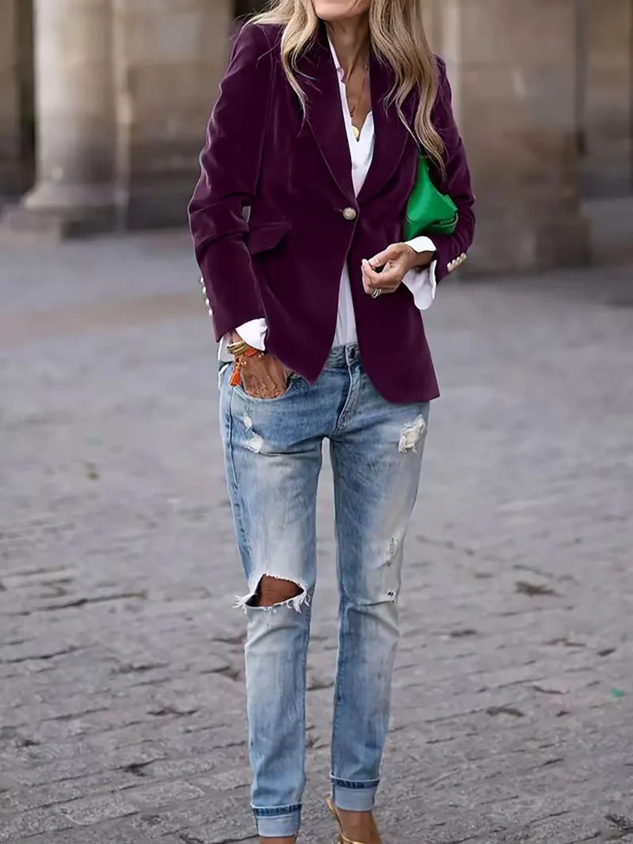 Slim Velvet Buttons Patch Pocket Blazer - Image 3