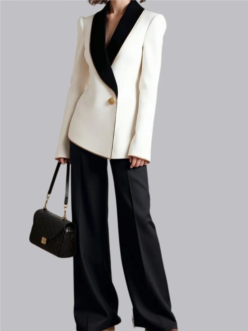 Grace Irregular Gold Trim Pearl Buttons Long Sleeve Slim Fit Profession Blazers - Image 2