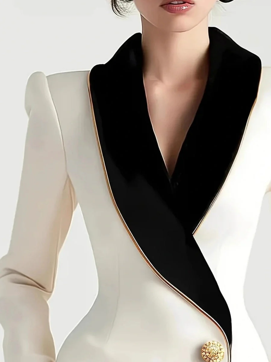 Grace Irregular Gold Trim Pearl Buttons Long Sleeve Slim Fit Profession Blazers - Image 4