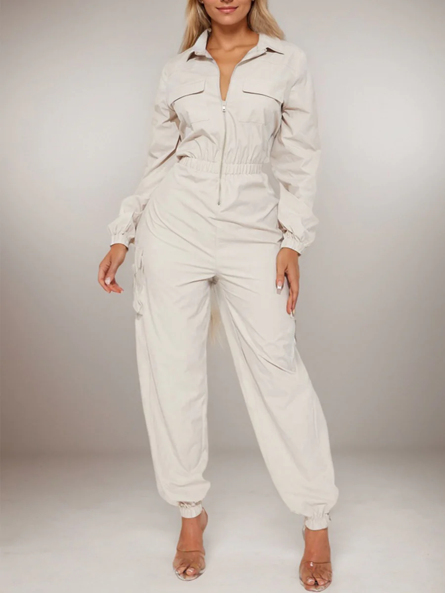 Flap Pocket Long Sleeve Waist Zipper Jumpsuits - Image 2