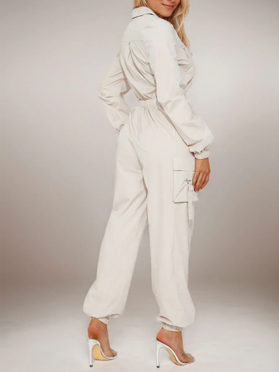 Flap Pocket Long Sleeve Waist Zipper Jumpsuits - Image 3