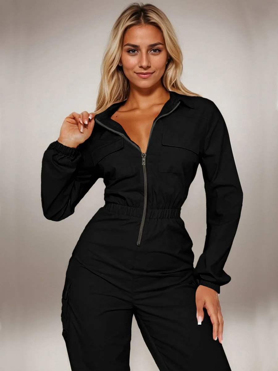 Flap Pocket Long Sleeve Waist Zipper Jumpsuits - Image 4