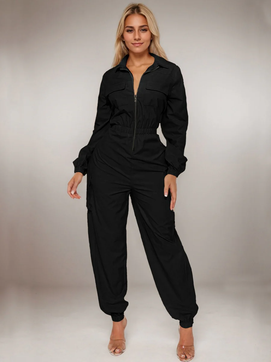 Flap Pocket Long Sleeve Waist Zipper Jumpsuits - Image 5