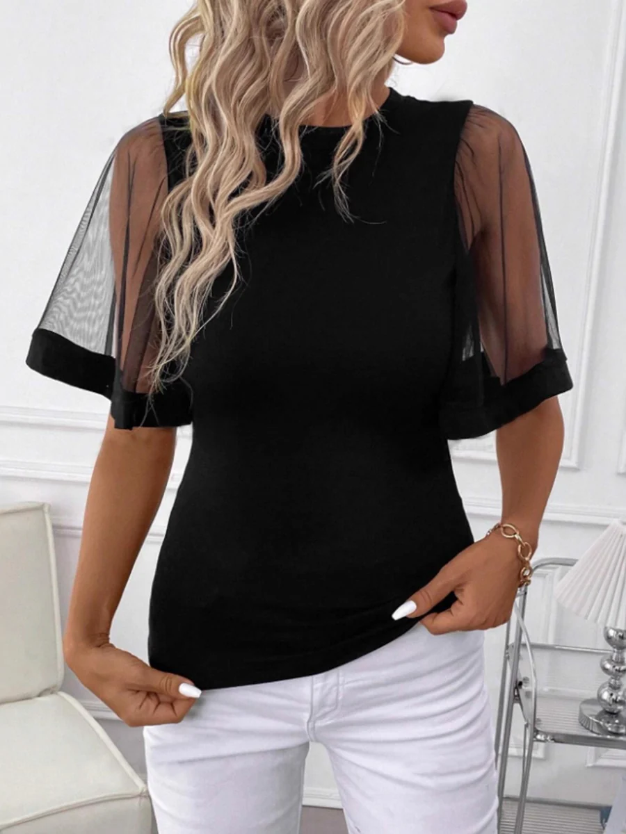 Crew Neck Mesh Bell Sleeves Splicing T-shirts - Image 2