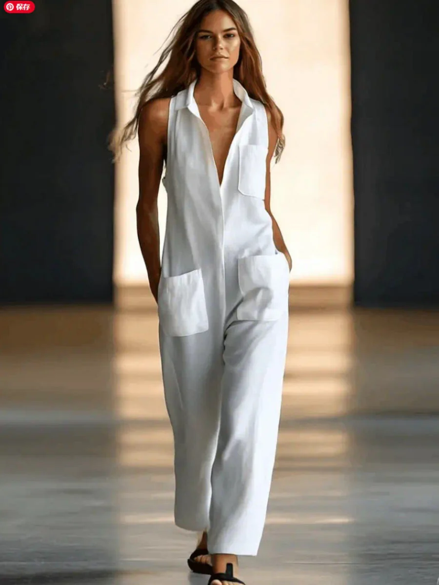 Sleeveless Single-breasted Wide Leg Work Clothes Jumpsuits - Image 2