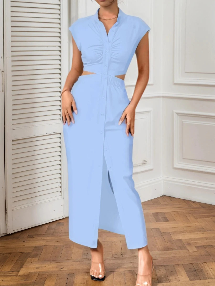 Backless Bare Waist Lapel Bodysuit With Slits Maxi Dresses - Image 15