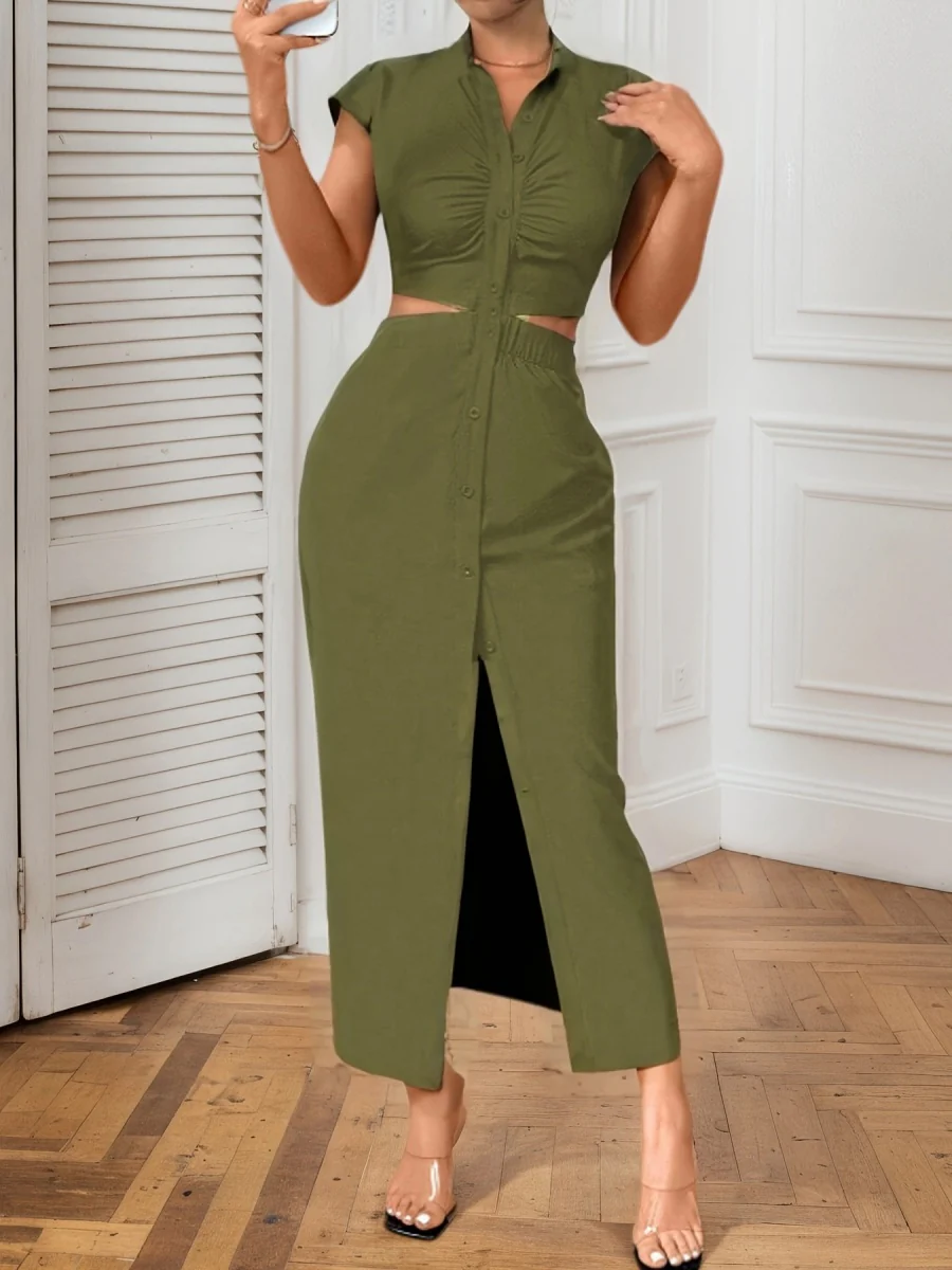 Backless Bare Waist Lapel Bodysuit With Slits Maxi Dresses - Image 7