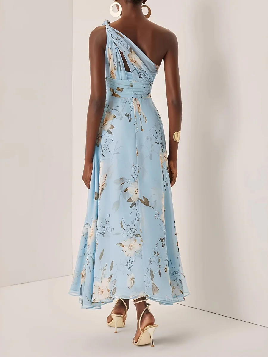 One Shoulder Grace Floral Print Chiffon Vacation Reunion Maxi Dresses - Image 2