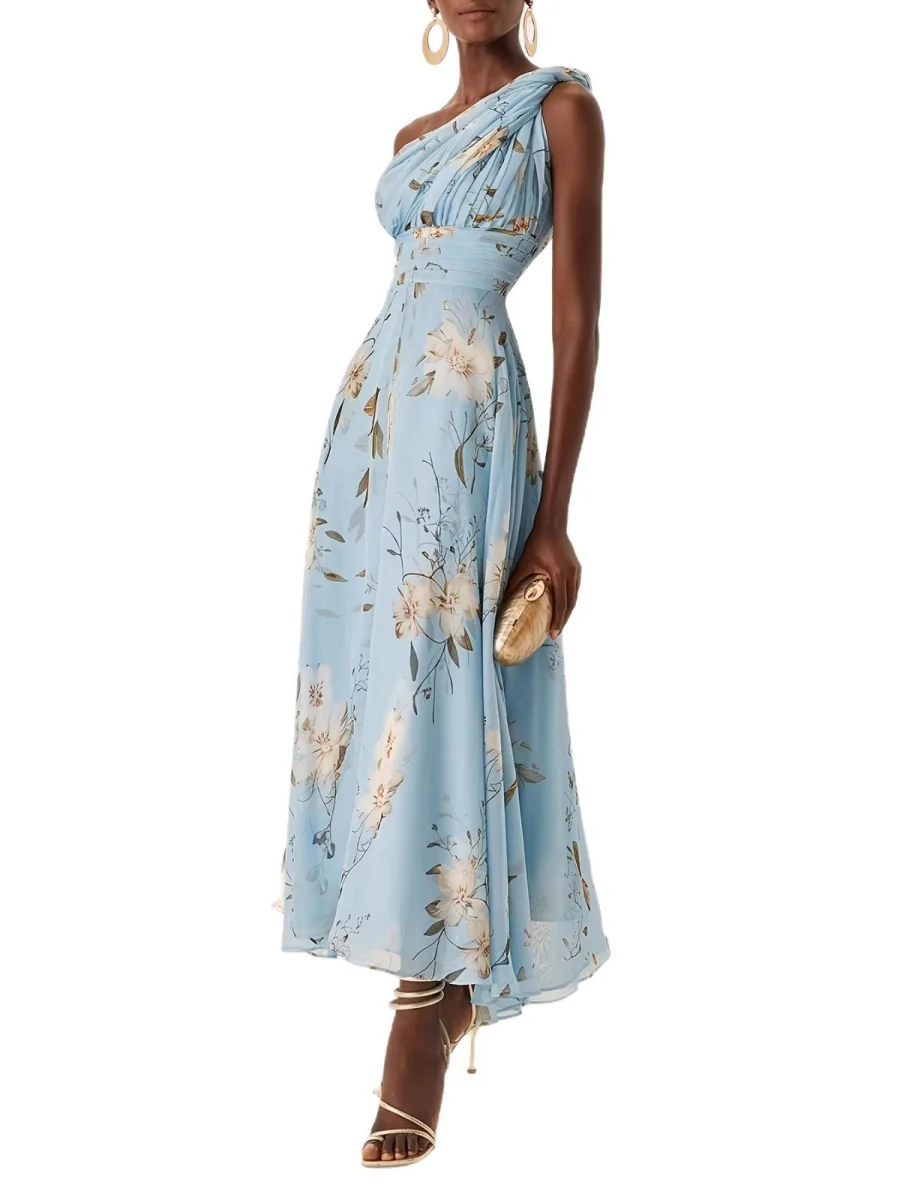 One Shoulder Grace Floral Print Chiffon Vacation Reunion Maxi Dresses - Image 5