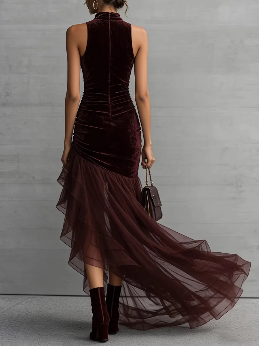Velvet Turtleneck Sleeveless Irregular Hem Chiffon Evening Dress Maxi Dresses - Image 5