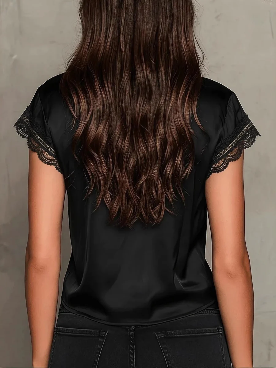 Satin Lace Trim Shirts V-neck T-shirts - Image 2