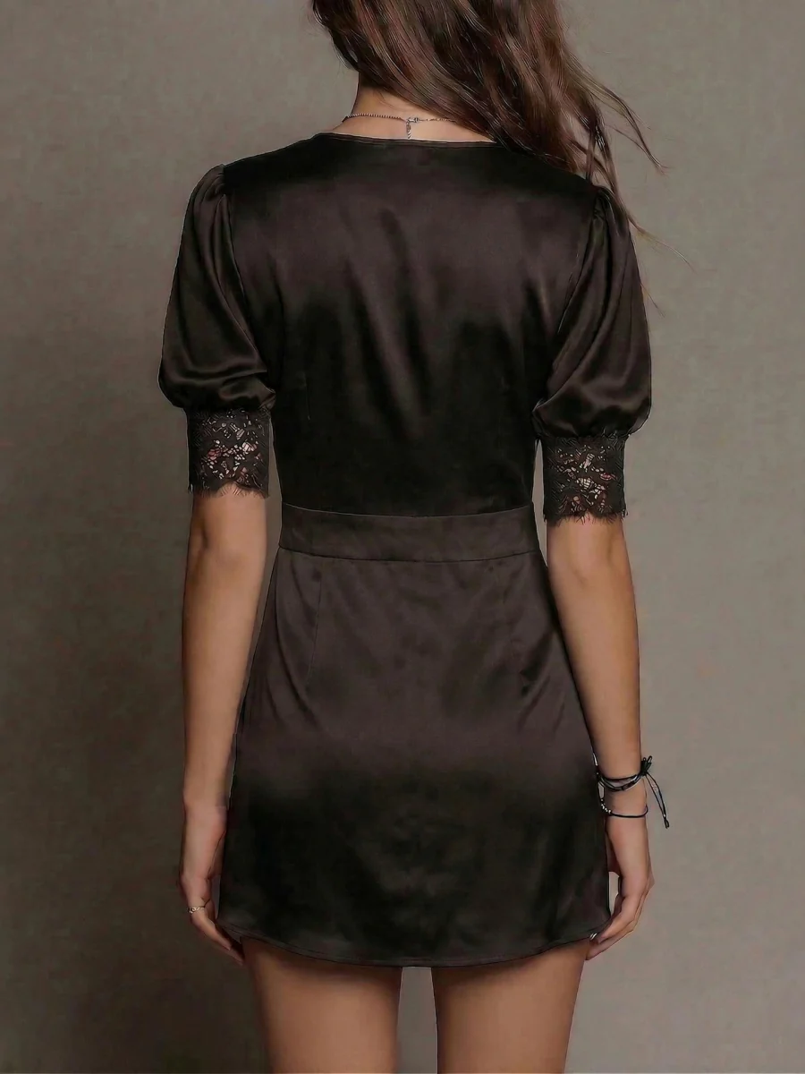 Satin Grace Puff Sleeve V-neck Commuting Mini&Short Dresses - Image 2