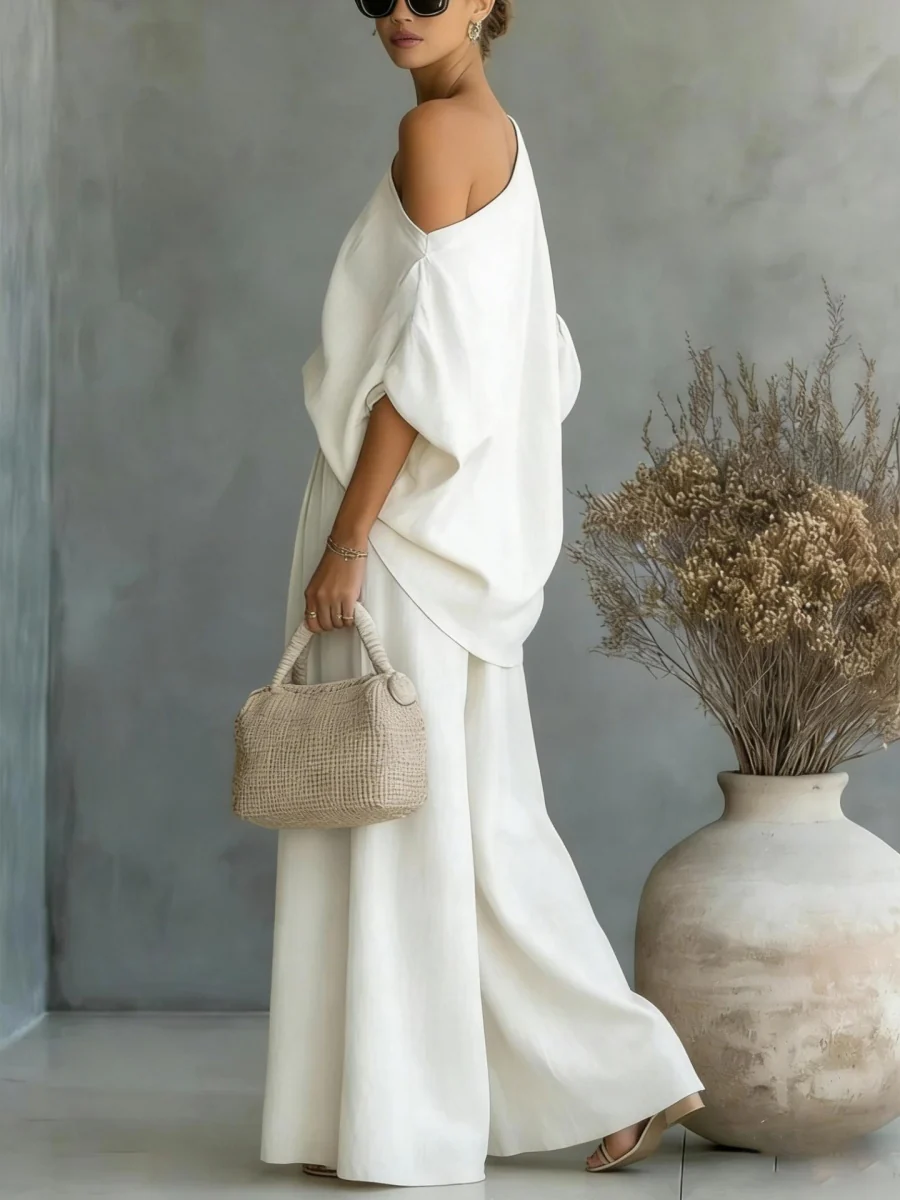 Loose-fit Off-shoulder Jacket Wide-leg Pants Set 2-piece Sets - Image 12