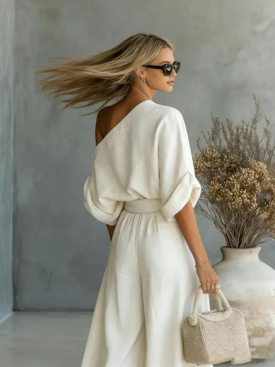 Loose-fit Off-shoulder Jacket Wide-leg Pants Set 2-piece Sets - Image 14