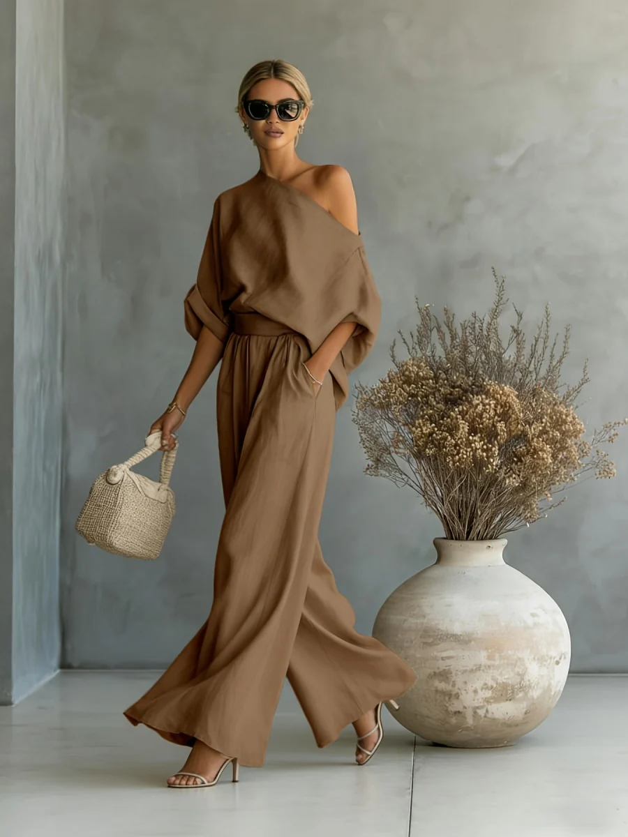 Loose-fit Off-shoulder Jacket Wide-leg Pants Set 2-piece Sets - Image 4