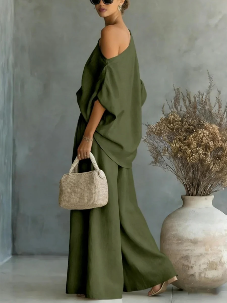 Loose-fit Off-shoulder Jacket Wide-leg Pants Set 2-piece Sets - Image 6
