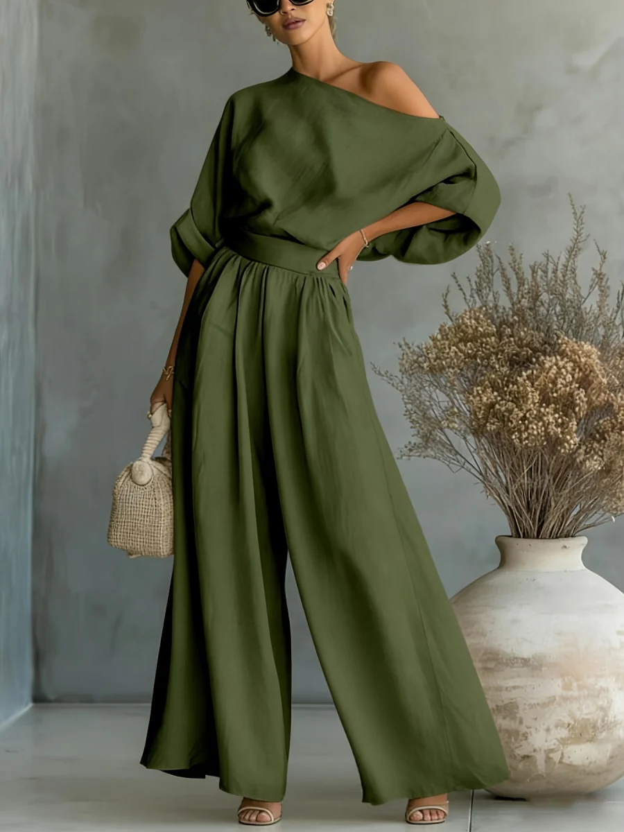 Loose-fit Off-shoulder Jacket Wide-leg Pants Set 2-piece Sets - Image 7
