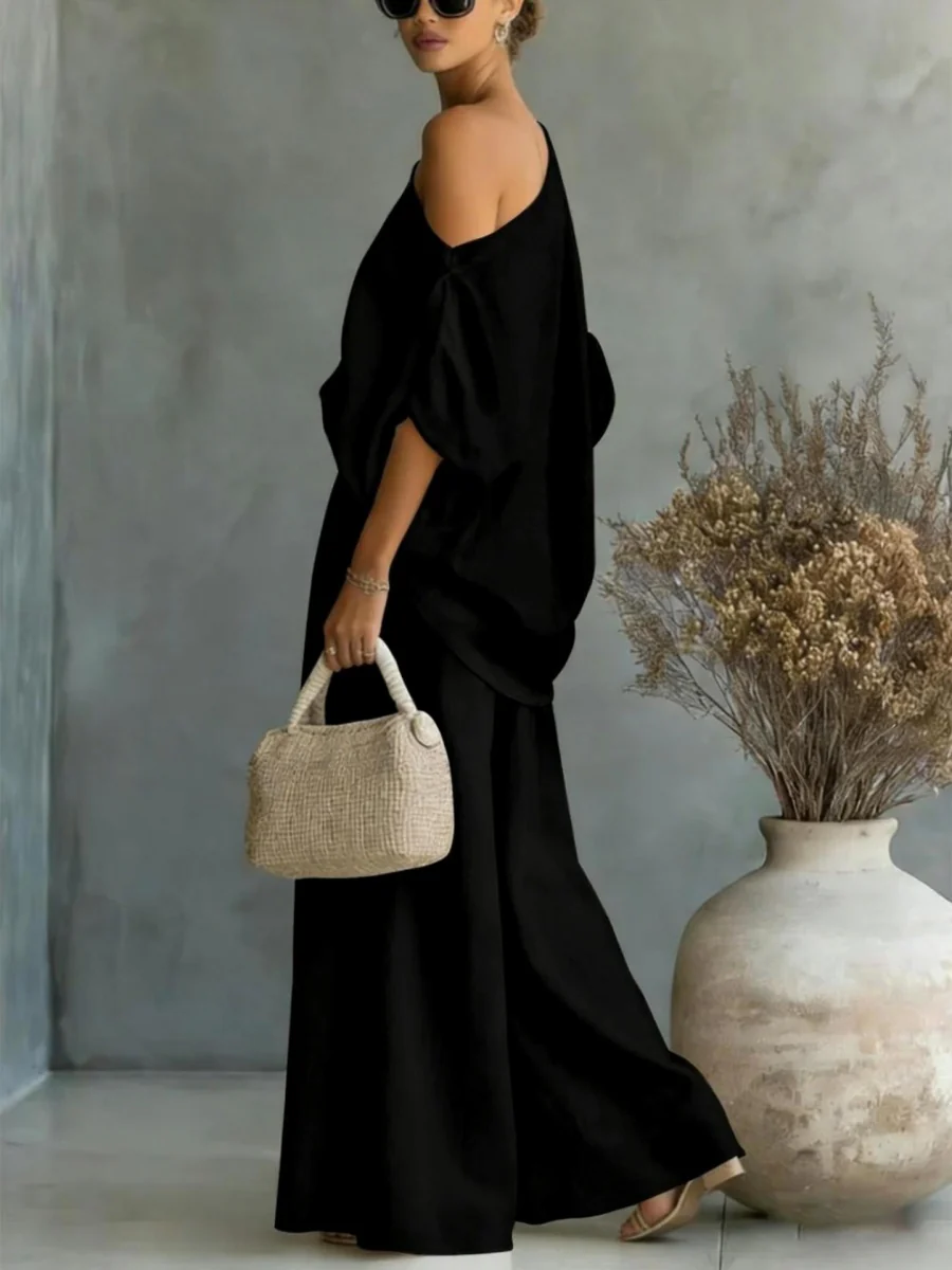 Loose-fit Off-shoulder Jacket Wide-leg Pants Set 2-piece Sets - Image 9