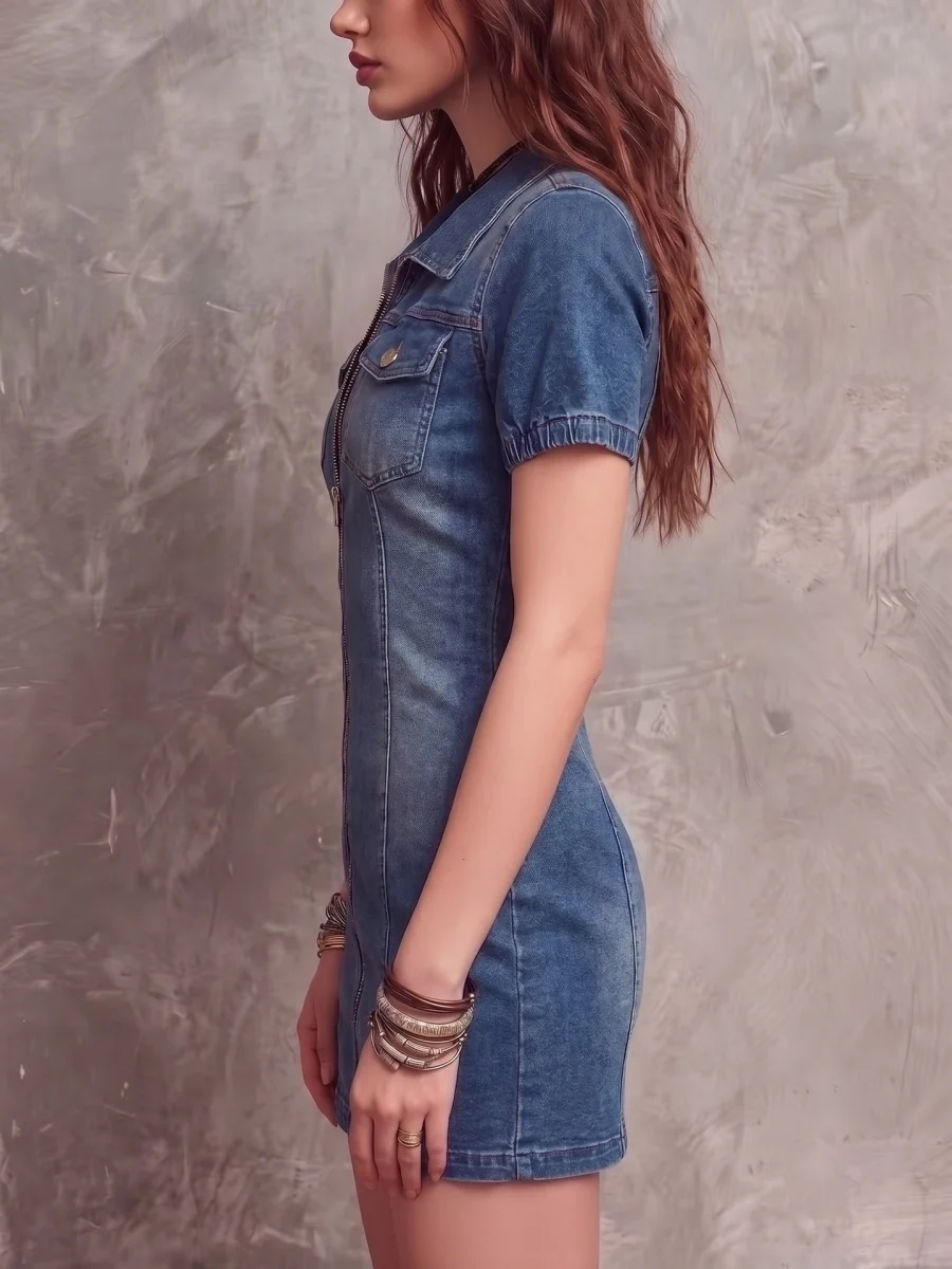Denim Lapel Short Sleeve Slim-fit Commuting Mini&Short Dresses - Image 2