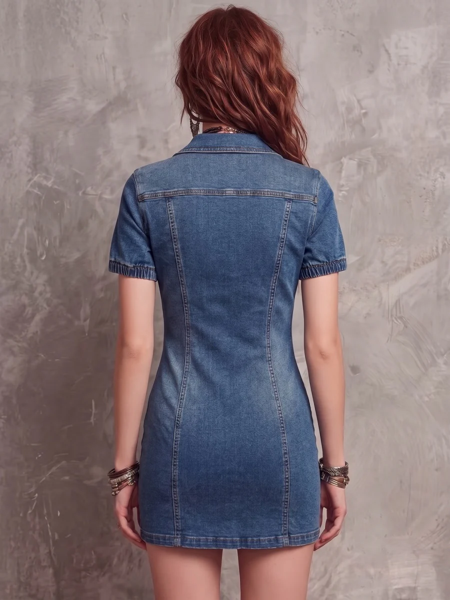 Denim Lapel Short Sleeve Slim-fit Commuting Mini&Short Dresses - Image 3