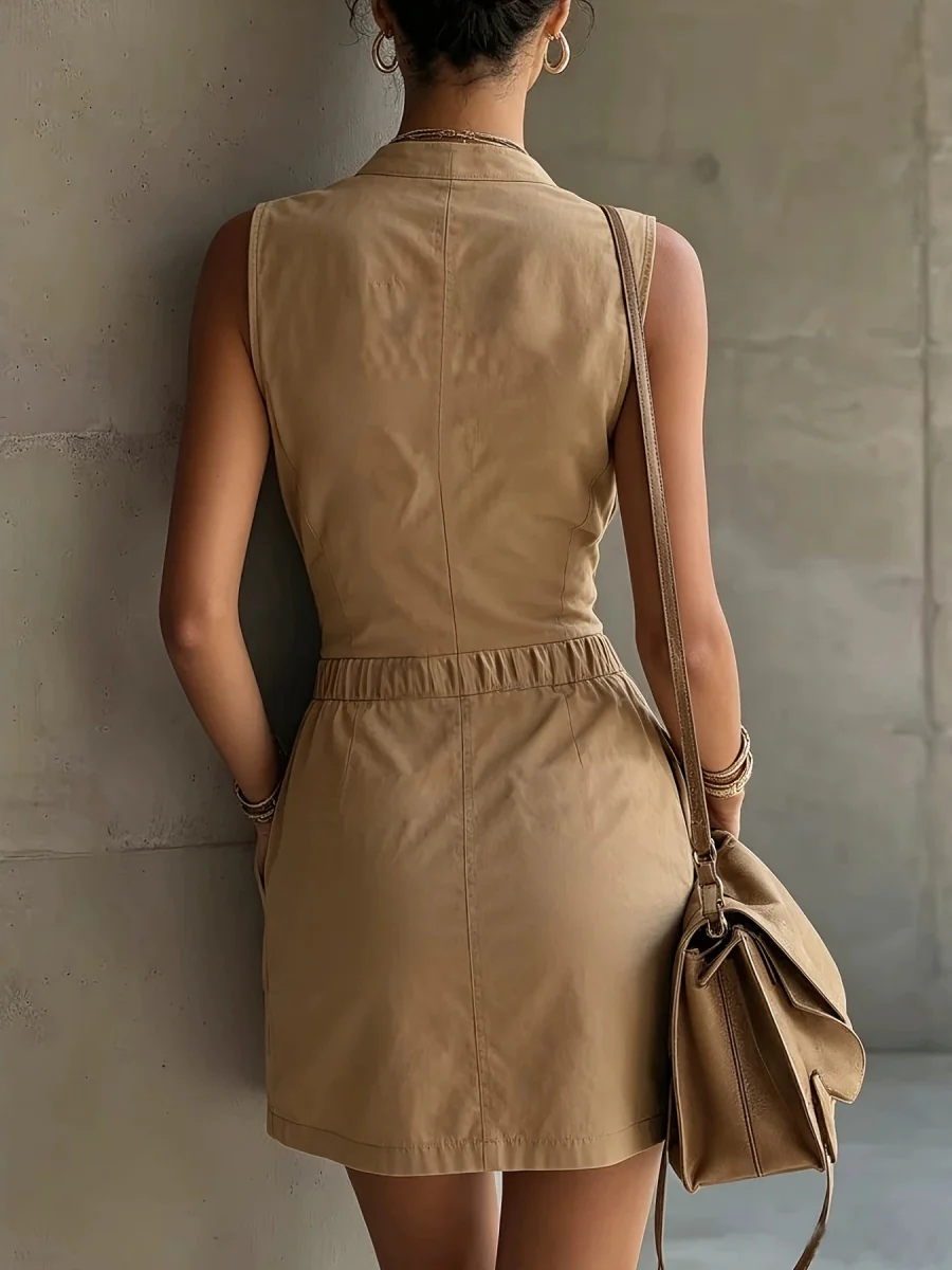 Work Clothes Sleeveless Zipper Pocket Waist Temperament Commuting Mini&Short Dresses - Image 2