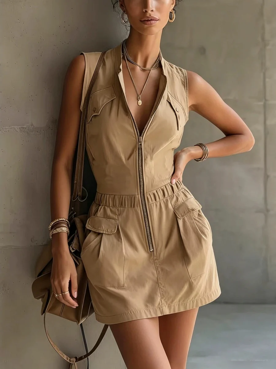 Work Clothes Sleeveless Zipper Pocket Waist Temperament Commuting Mini&Short Dresses - Image 4