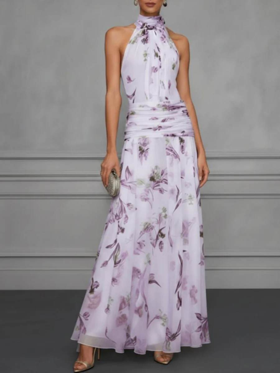 Halter Printed Temperament Waist Parties Maxi Dresses - Image 10