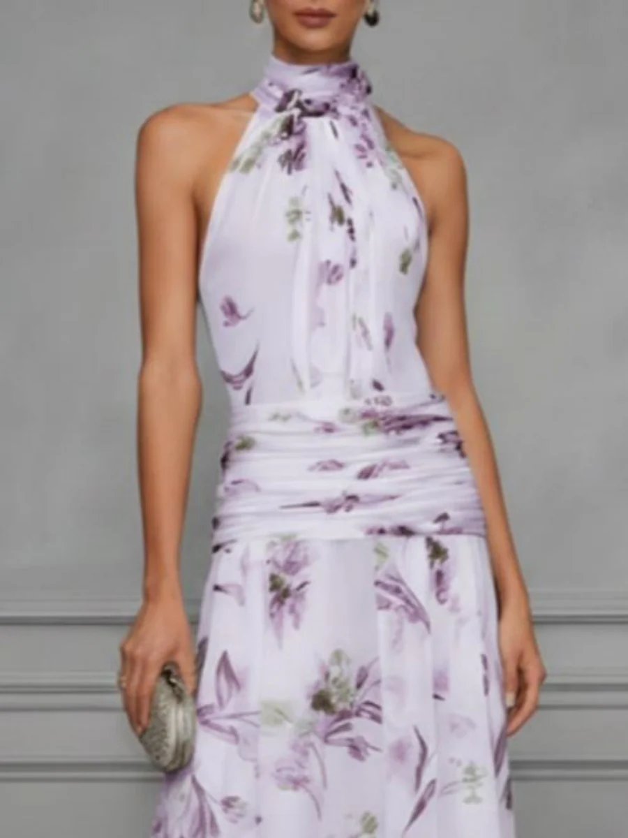 Halter Printed Temperament Waist Parties Maxi Dresses - Image 11