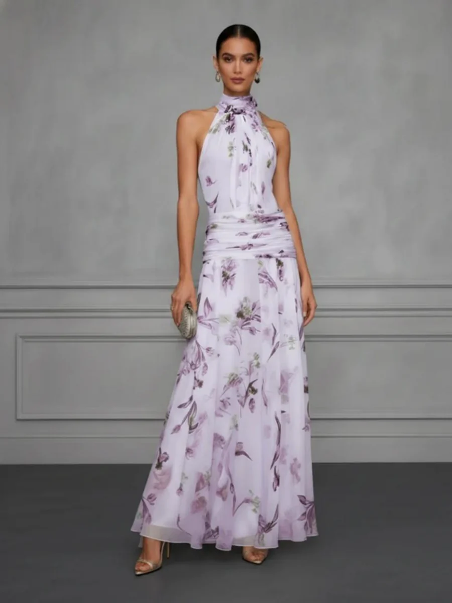 Halter Printed Temperament Waist Parties Maxi Dresses - Image 12