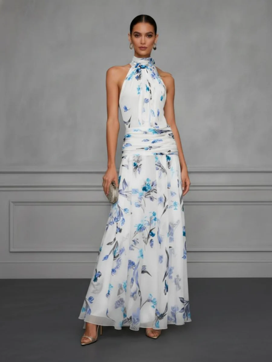 Halter Printed Temperament Waist Parties Maxi Dresses - Image 17
