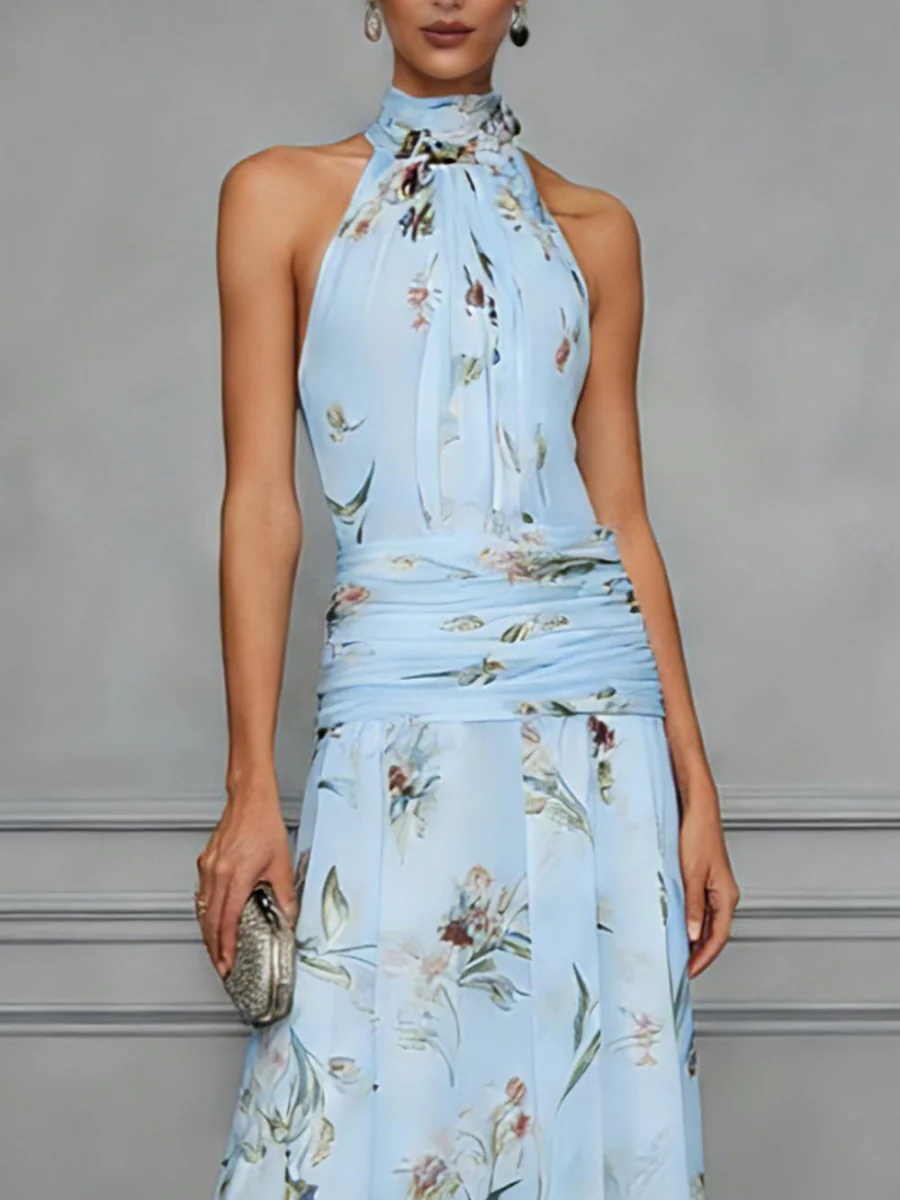 Halter Printed Temperament Waist Parties Maxi Dresses - Image 2