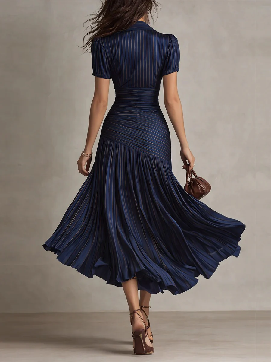 Stripes Satin Splicing Big Swing Temperament Maxi Dresses - Image 3