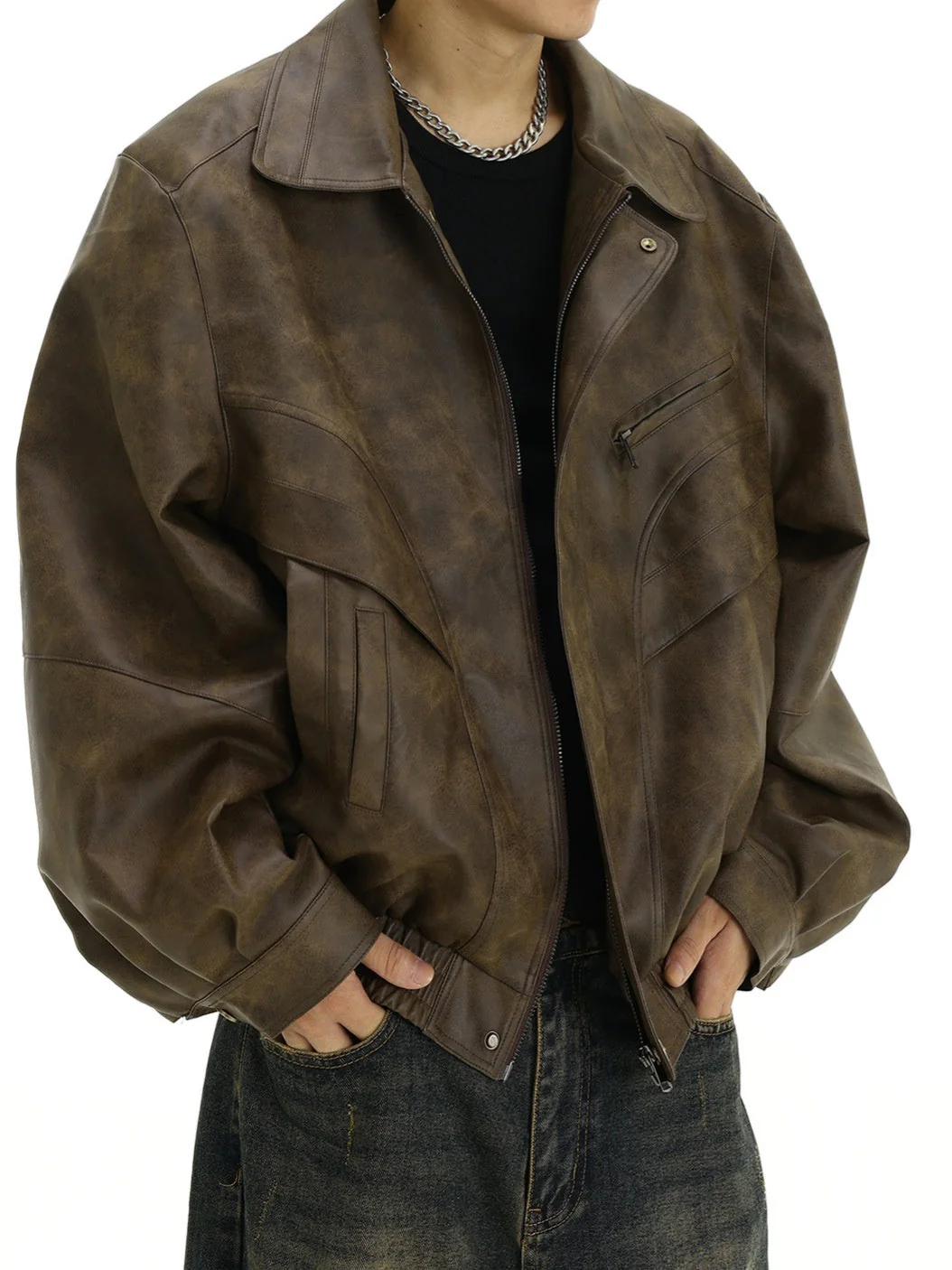 Brown Distressed Lapel Leather Jacket Jackets - Image 2
