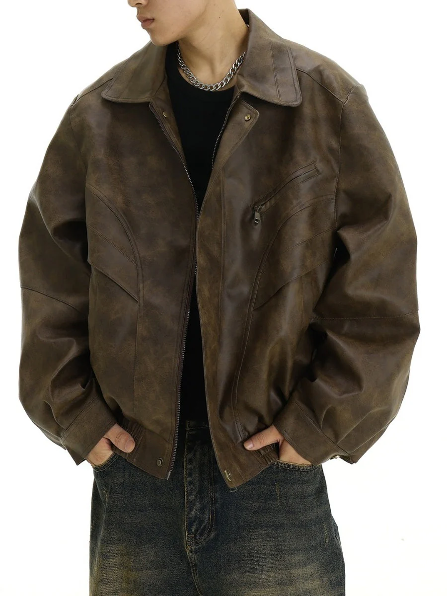 Brown Distressed Lapel Leather Jacket Jackets - Image 4