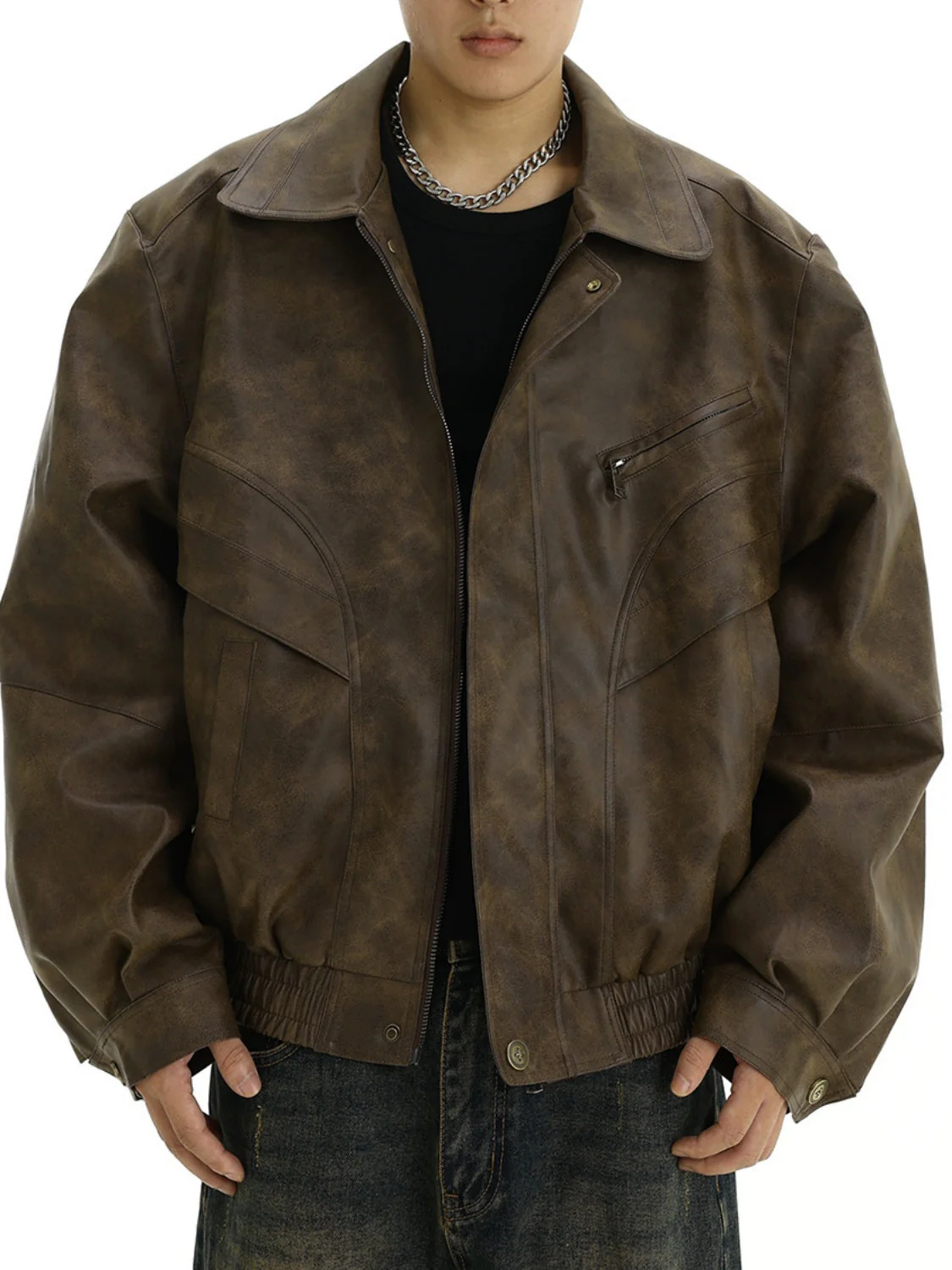 Brown Distressed Lapel Leather Jacket Jackets - Image 5