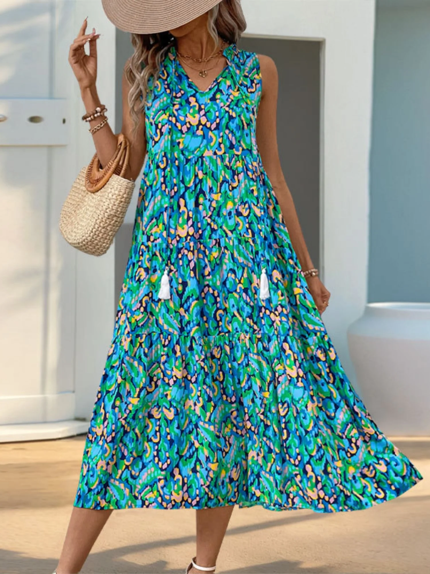 Printed Tassel V-neck Sleeveless Maxi Dresses - Image 10