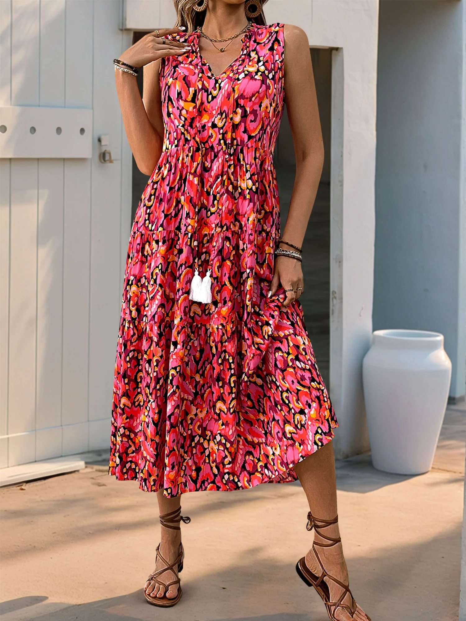 Printed Tassel V-neck Sleeveless Maxi Dresses - Image 15