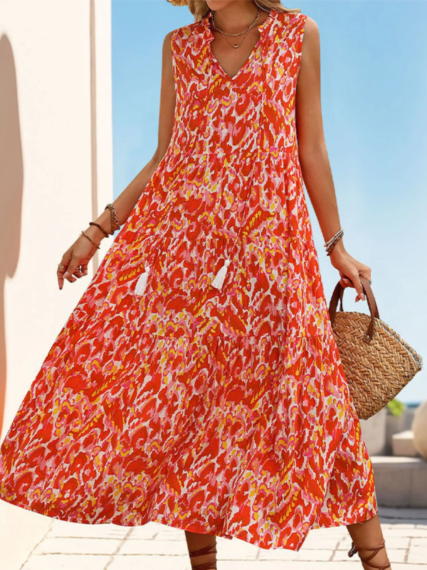 Printed Tassel V-neck Sleeveless Maxi Dresses - Image 7