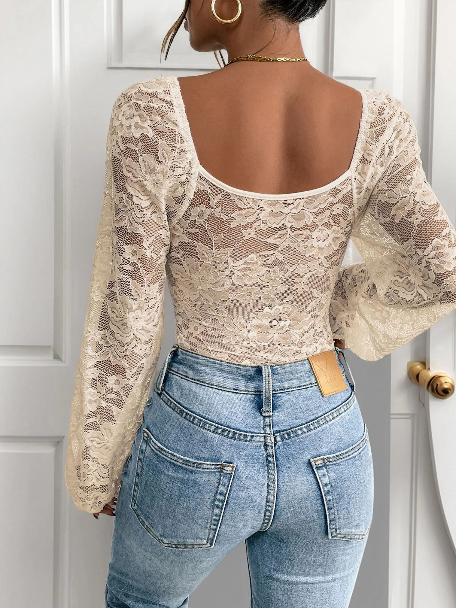 Openwork Lace V-neck Lace Trim Tight-fitting Base Layer Bodysuits - Image 12