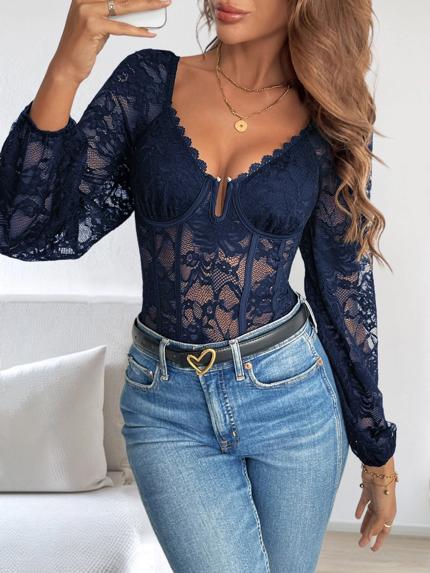 Openwork Lace V-neck Lace Trim Tight-fitting Base Layer Bodysuits - Image 14