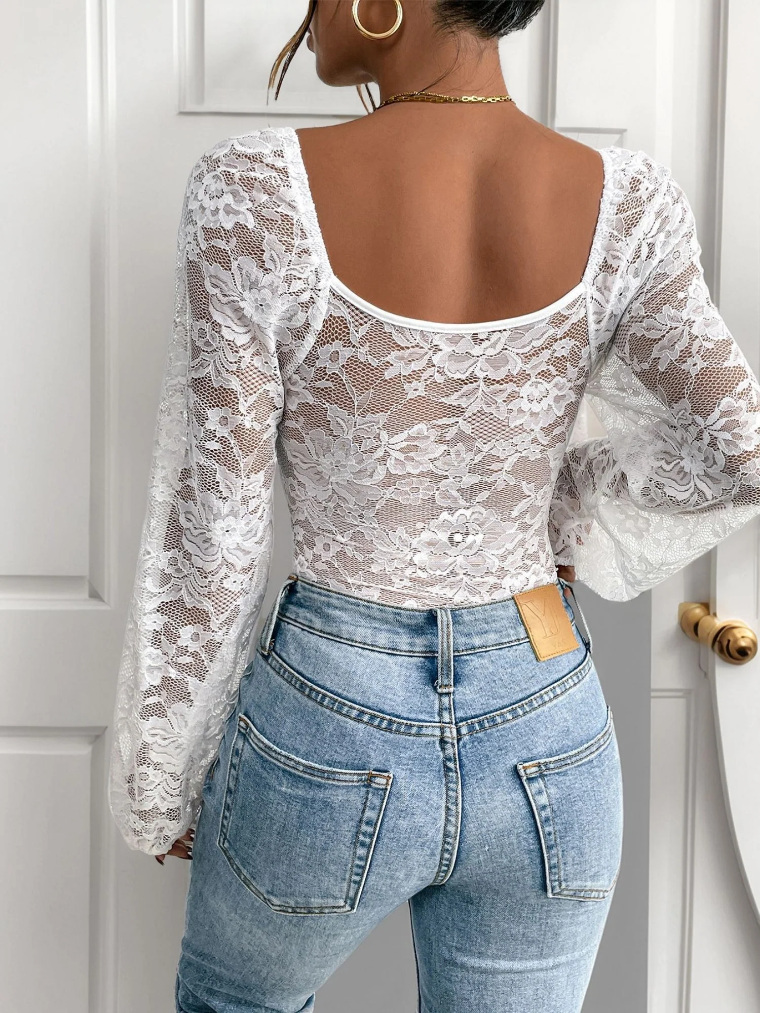 Openwork Lace V-neck Lace Trim Tight-fitting Base Layer Bodysuits - Image 20
