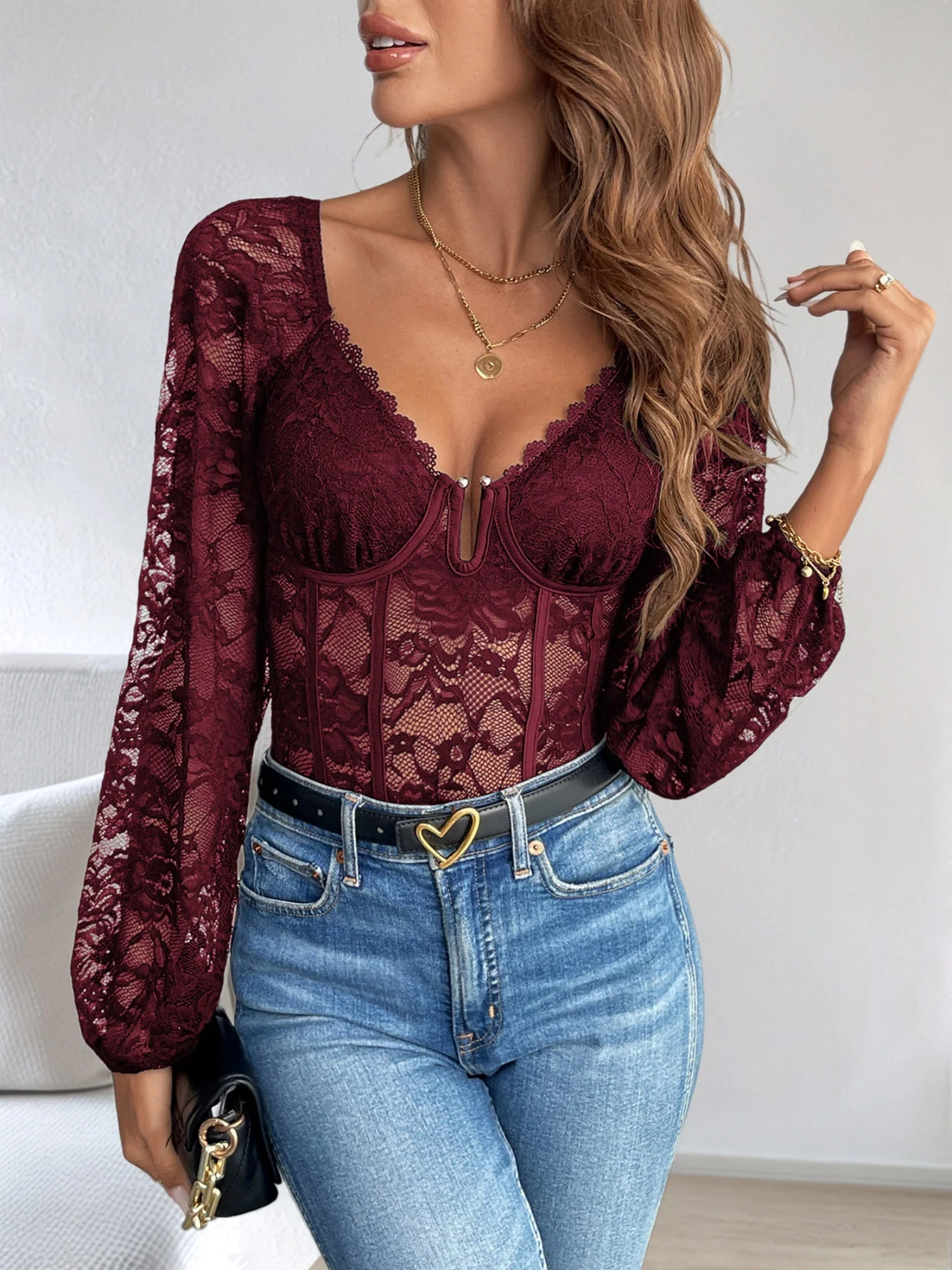 Openwork Lace V-neck Lace Trim Tight-fitting Base Layer Bodysuits - Image 4