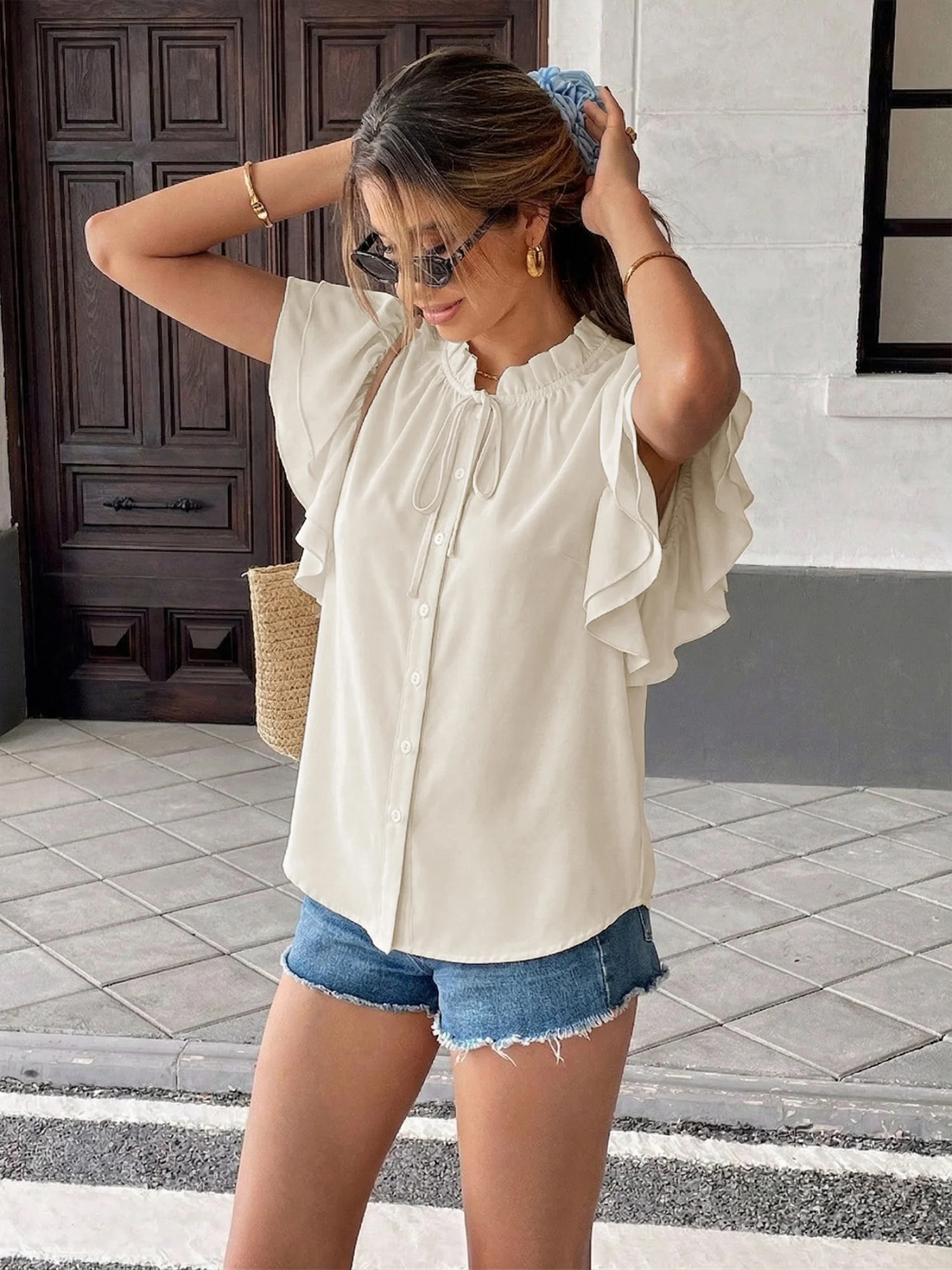 Lotus Leaf Sleeves Lace Up Buttons Stand Collar T-shirts - Image 6