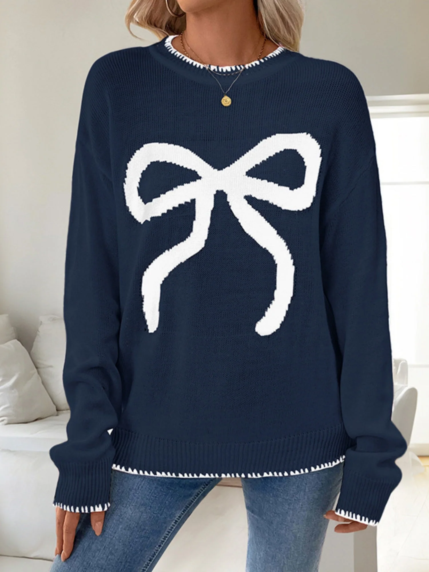 Bow Jacquard Loose Long-sleeved Round Neck Sweater - Image 10