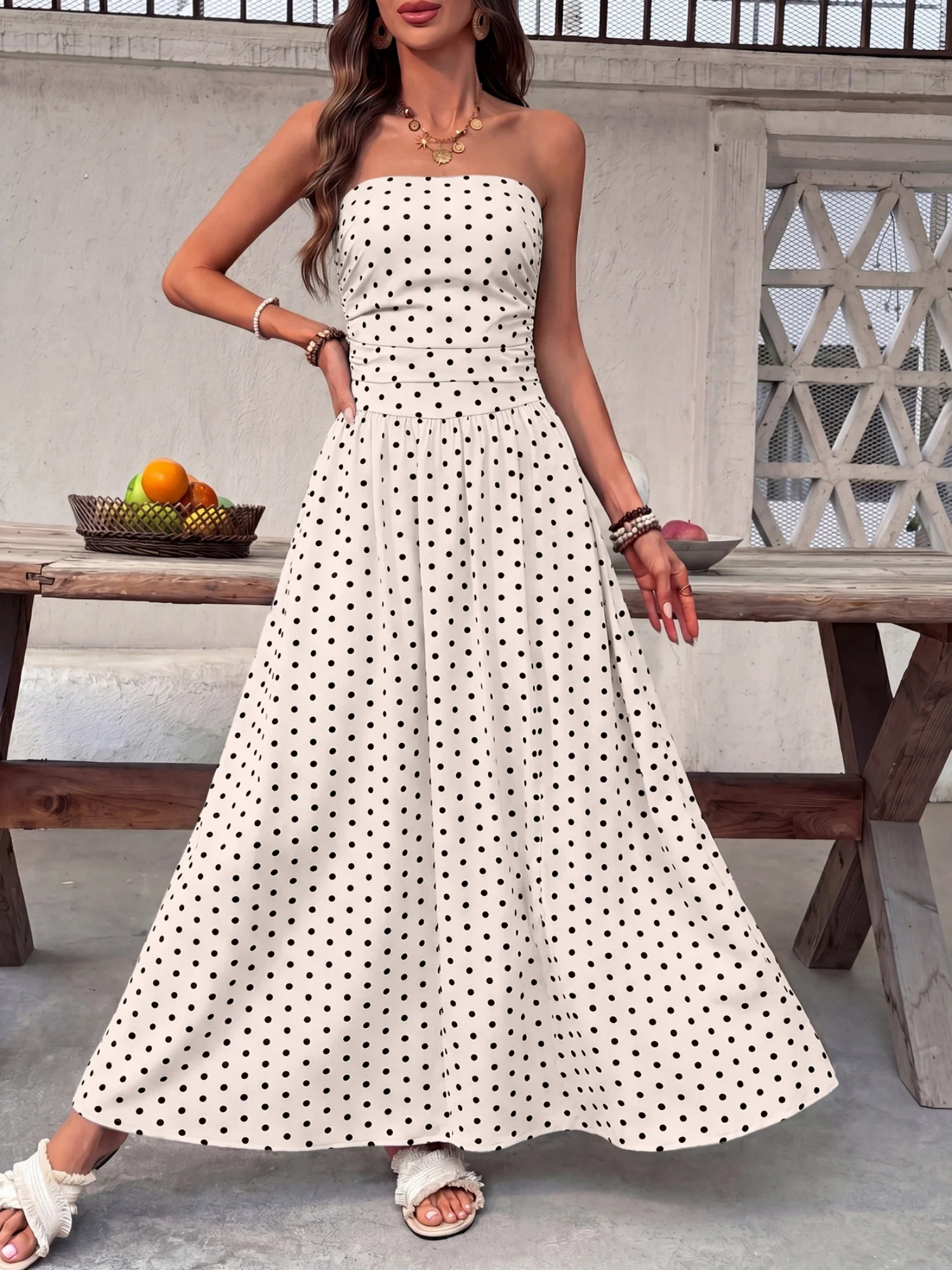 Polka Dots Tucking And Waist-cinching Strapless Maxi Dresses - Image 2