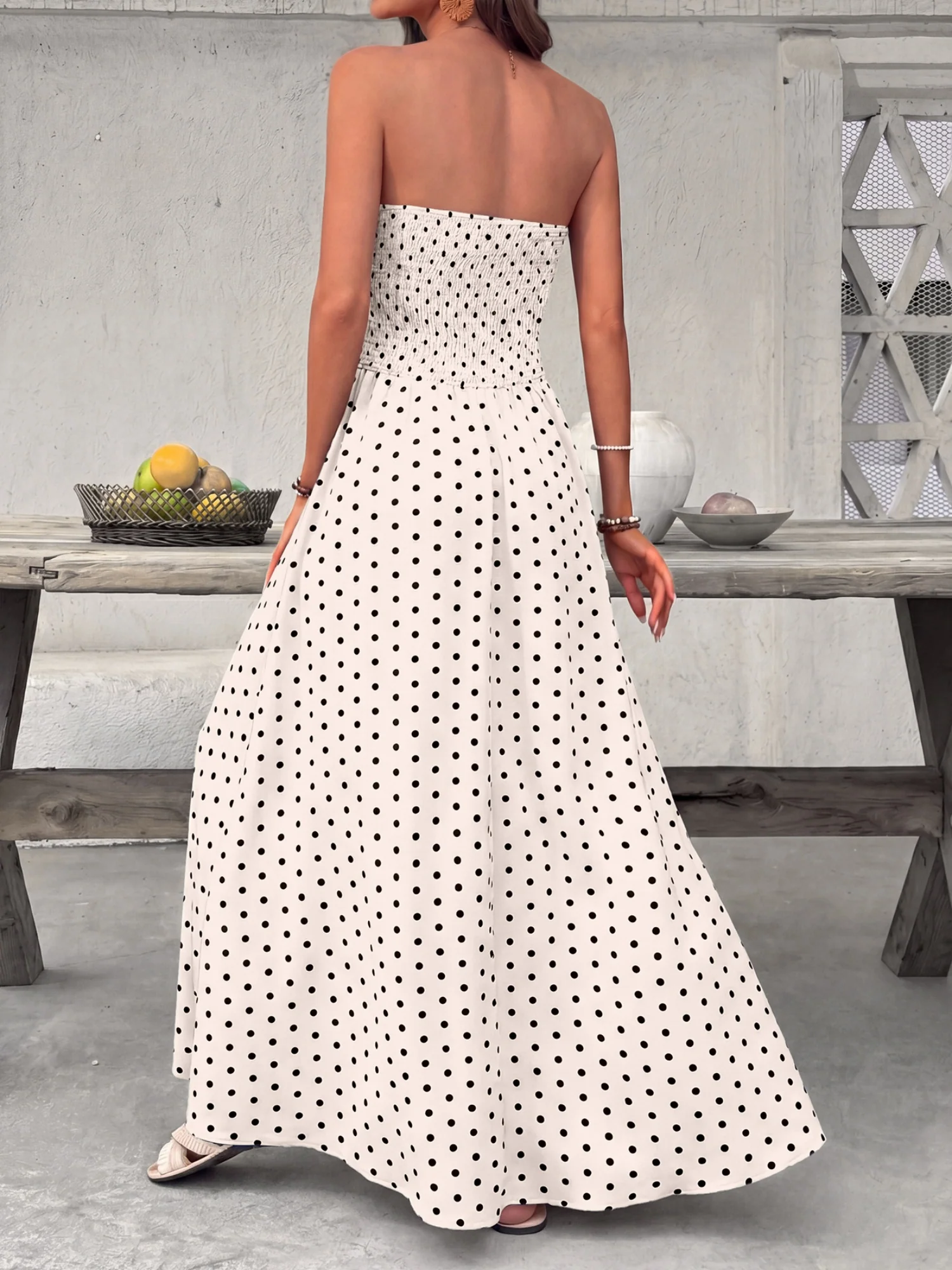 Polka Dots Tucking And Waist-cinching Strapless Maxi Dresses - Image 3